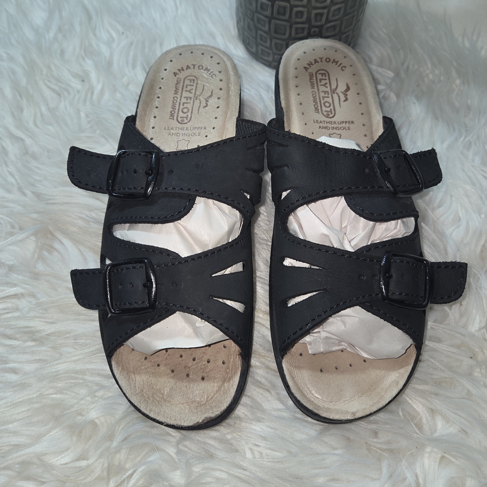 Fly Flot Anatomy Italian Black  Leather Sandals with Adjustable Straps. Size 9